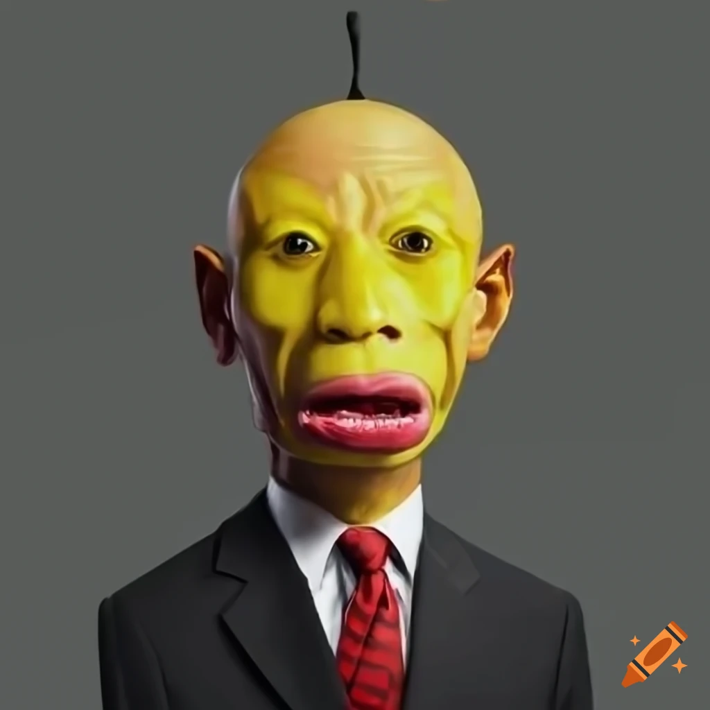 Man with a big yellow head, black suit, red tie, and yellow skin on Craiyon