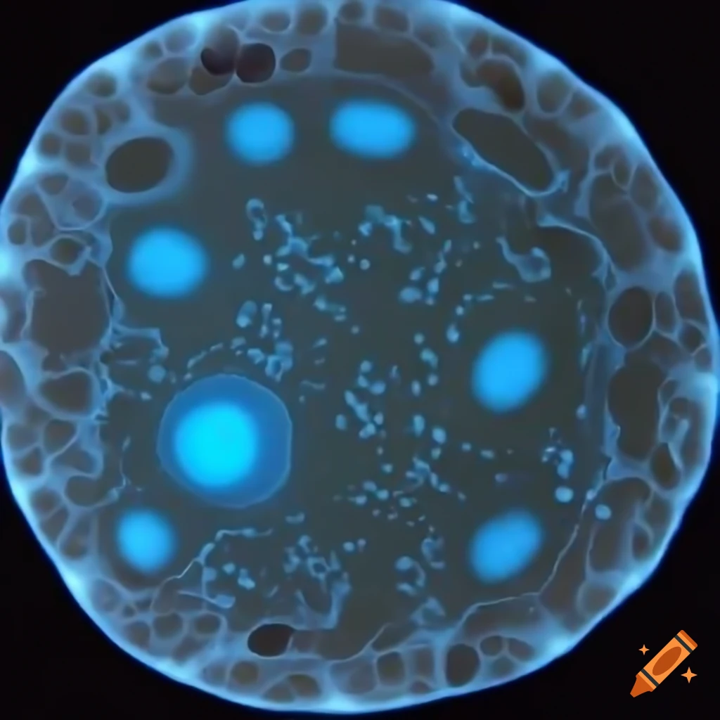 Round bumpy animal cell with proteins on a black background on Craiyon