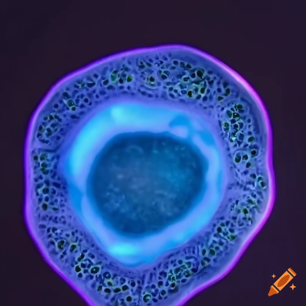 Round bumpy animal cell with proteins on a black background on Craiyon