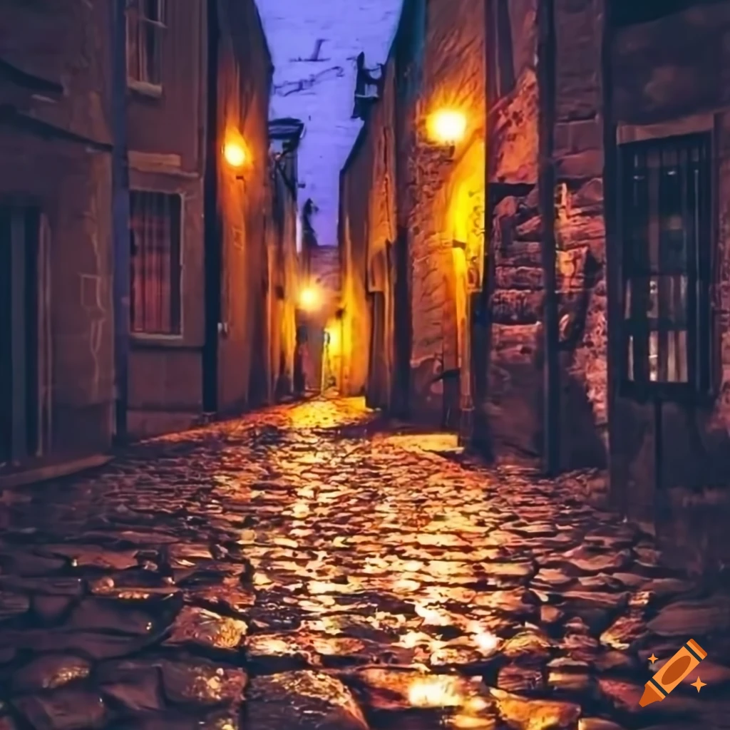 Cobbled street at night in the rain
