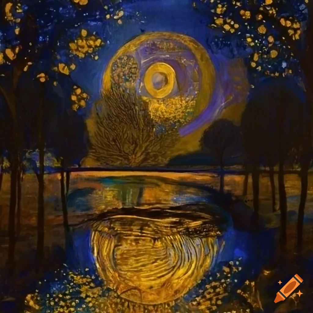 Klimt inspired townscape with moon, stars, and river reflections