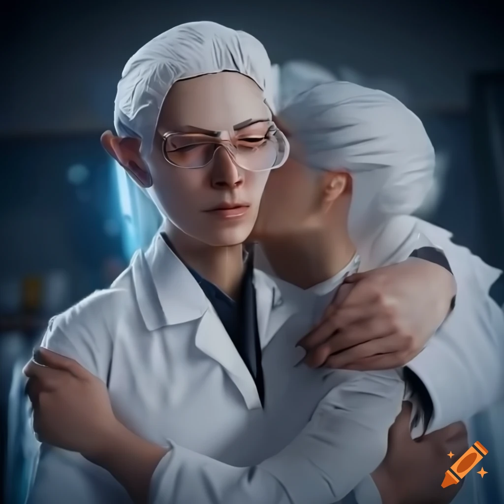 Male scientist in a white lab coat hugging a futuristic elven figure in a warm embrace
