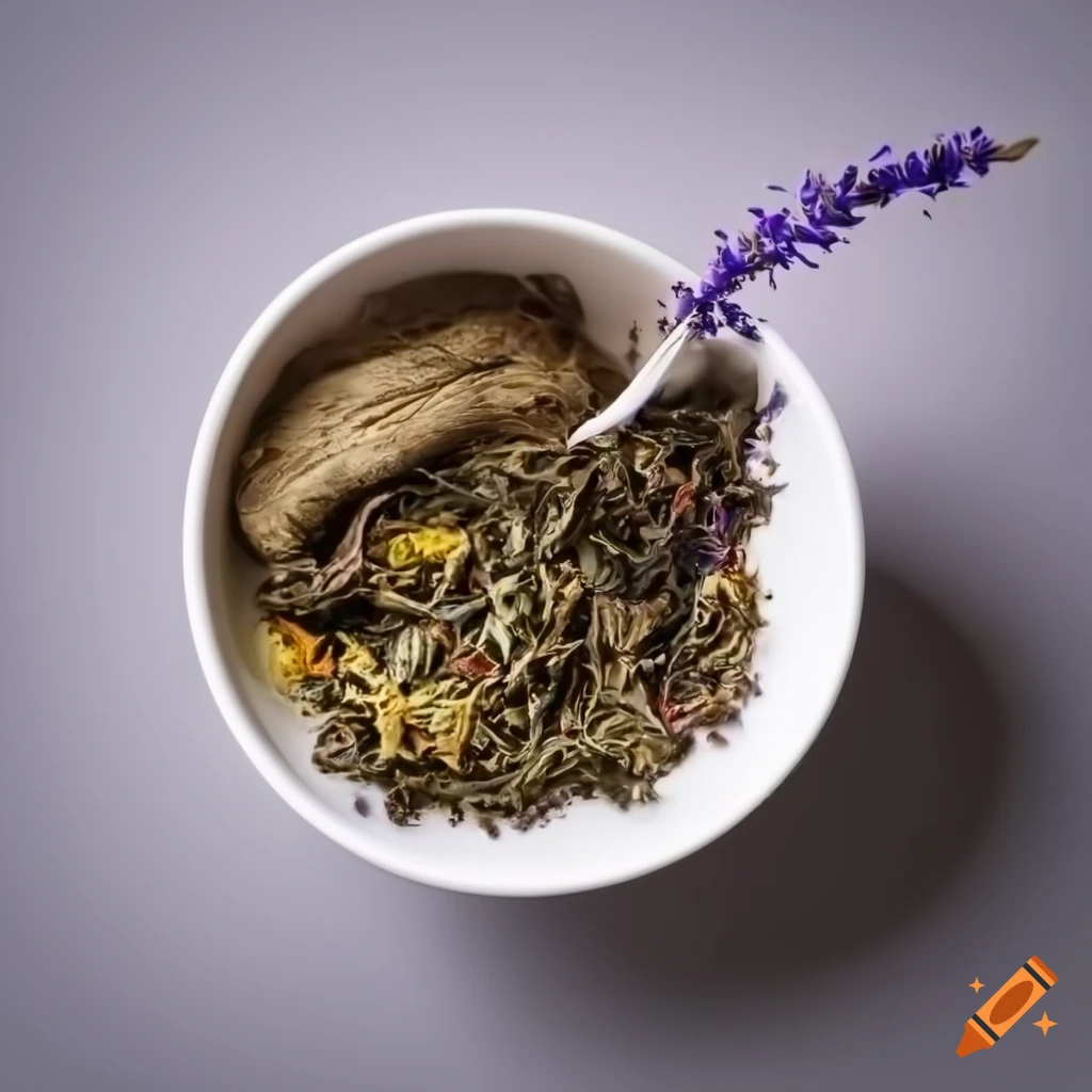 Tea ingredient with dried tea leaf, lavender flower, ginger, and