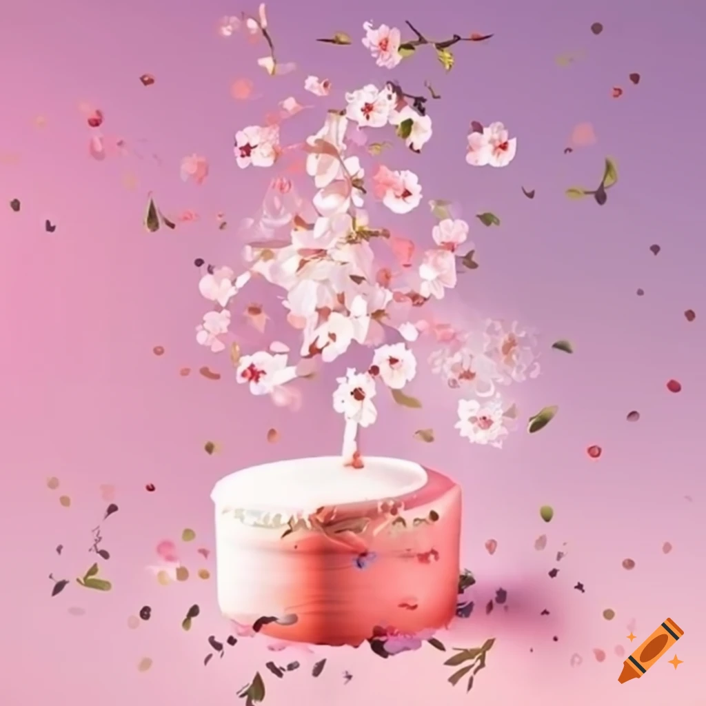 Happy birthday sign with cherry blossoms falling