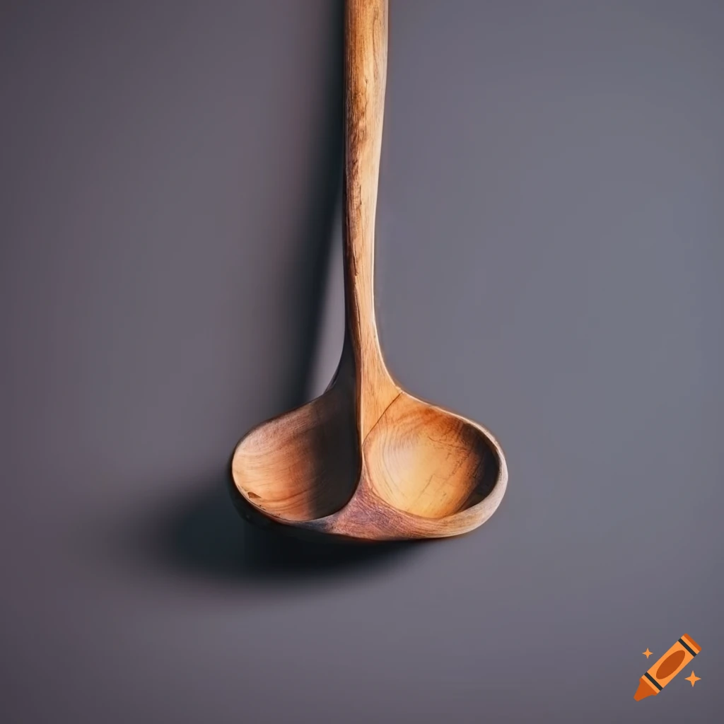 Rustic wooden spoon with contrasting wood colors on a grey background