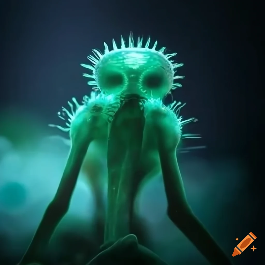 Biopunk Venus flytrap creature in a mossy cybernetic cityscape