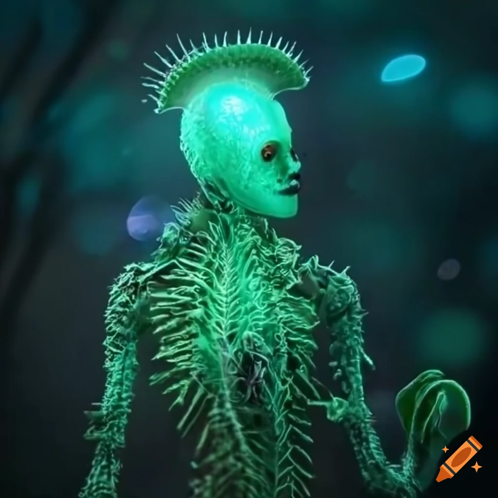 Glowing biopunk Venus flytrap creature in a moss-covered cityscape