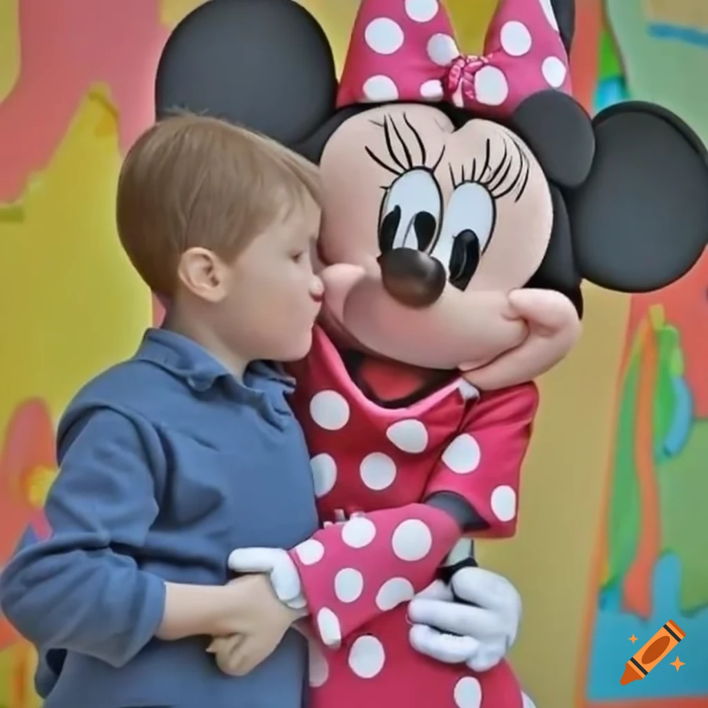 Minnie Mouse hugging a boy in a colorful daycare