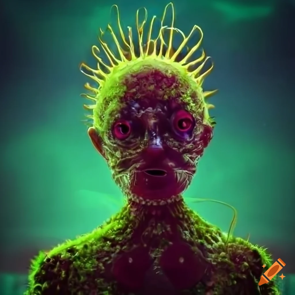 Glowing biopunk Venus flytrap creature in a moss-covered cityscape