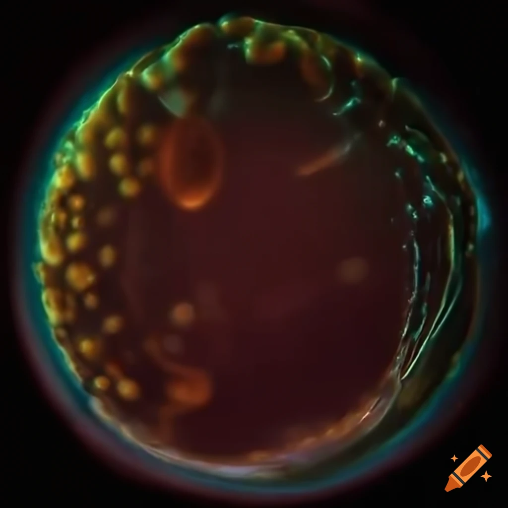 Round bumpy animal cell with small proteins on its surface against a black background