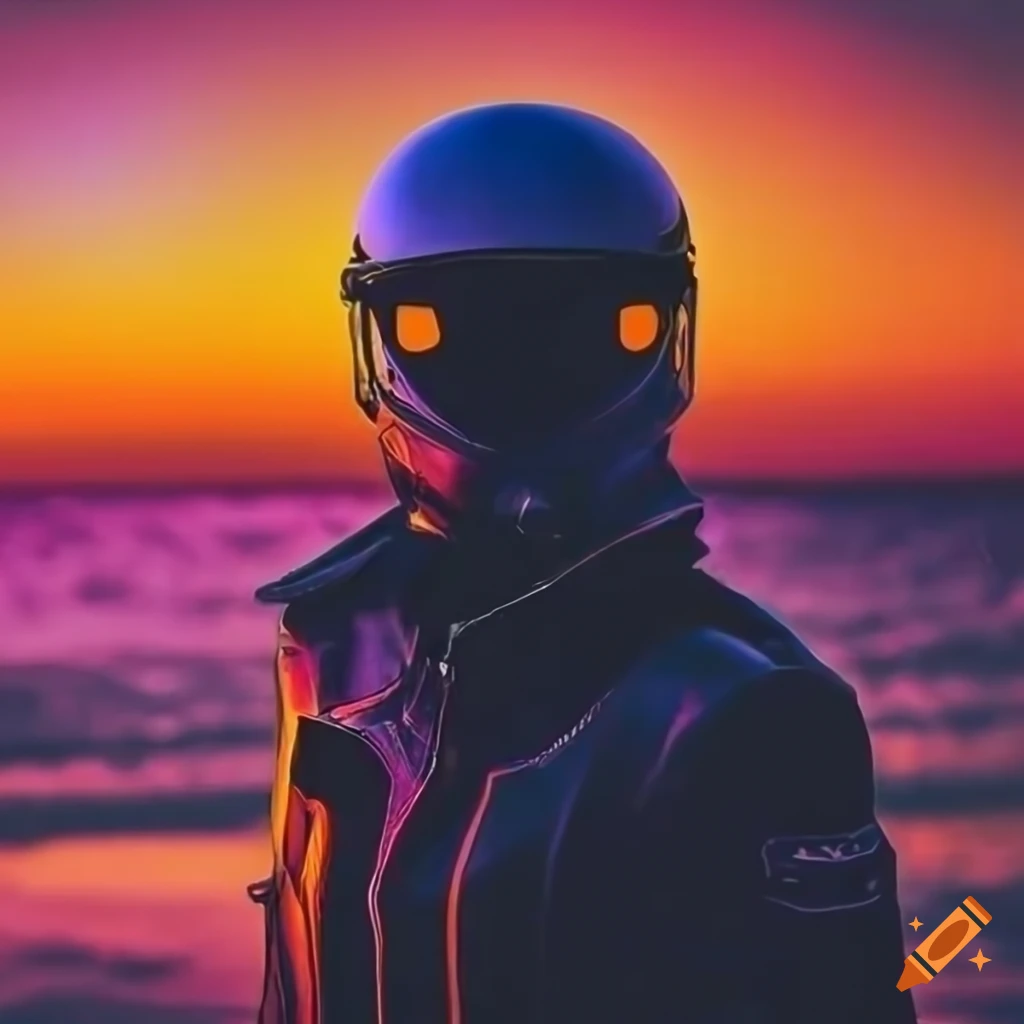 Retrowave sunset with motorcyclist on boardwalk