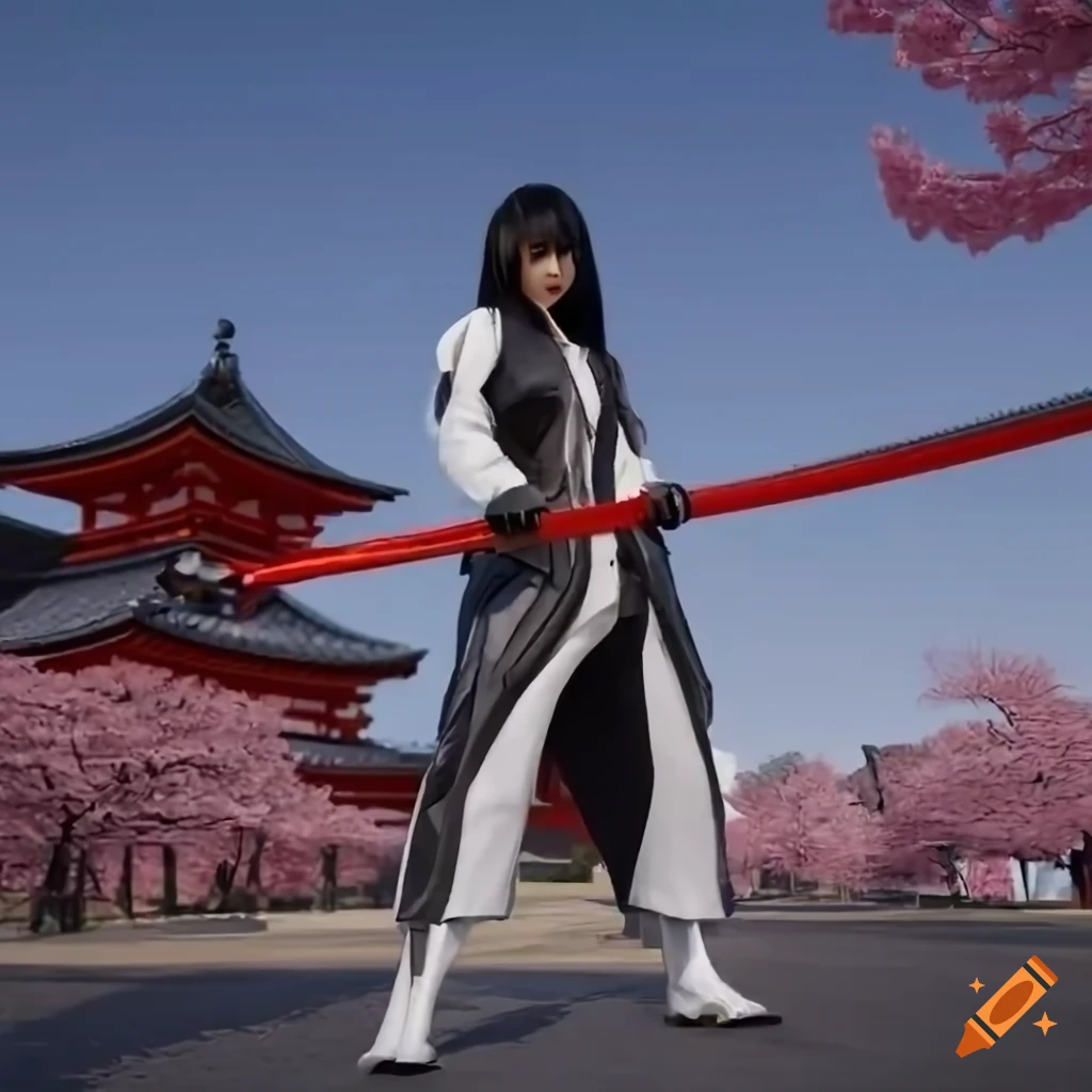 Sci-fi Japanese girl with katana in Shinto temple surrounded by sakura trees
