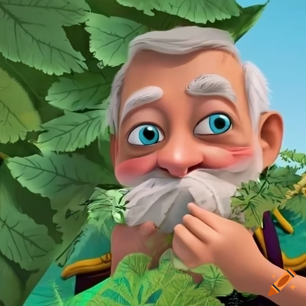 Cartoon character of an old man with Anna from Frozen peeking from foliage