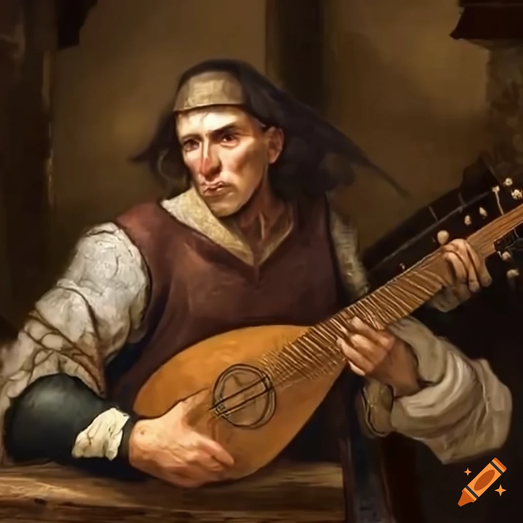 Middle ages tavern with a bard playing the lute and a crowd of people on Craiyon