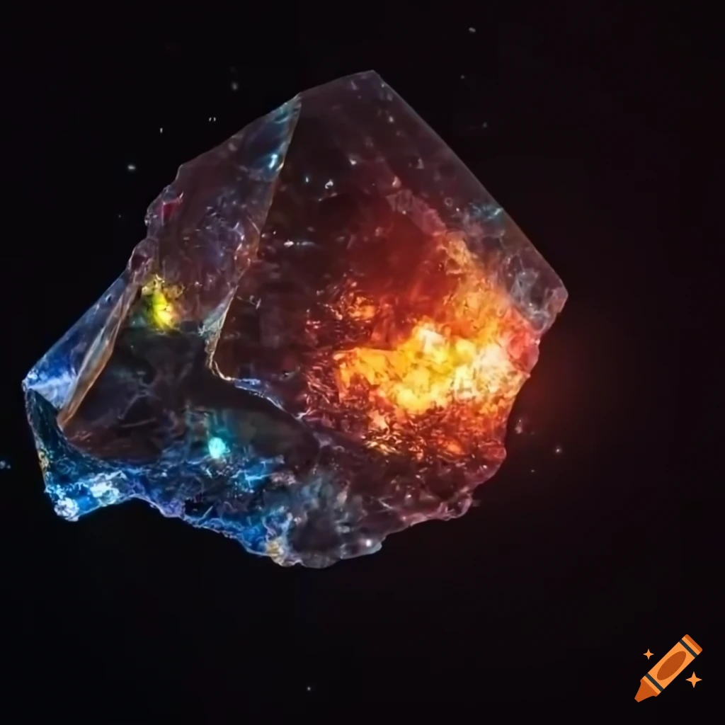 Semi-transparent glowing polyhedron in space with crystals and iridescence