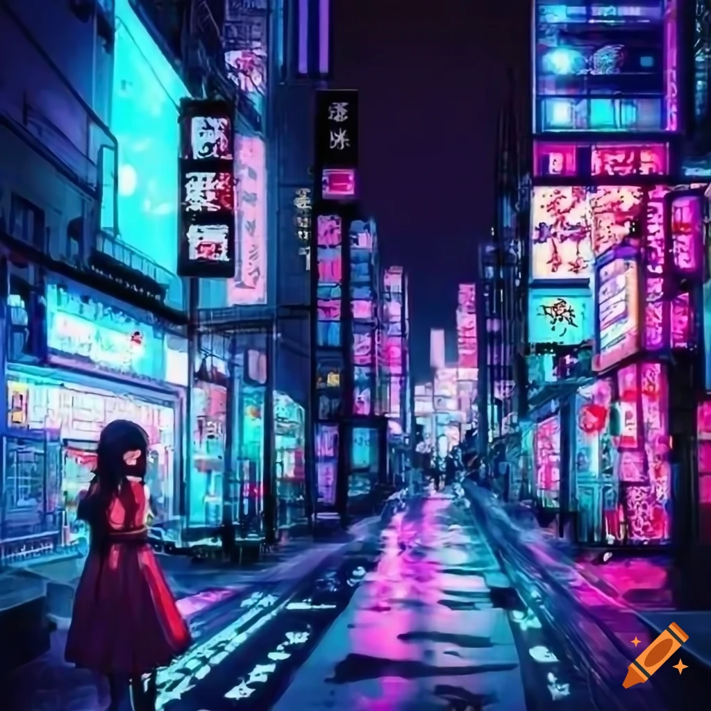 Anime neon cityscape of Tokyo at night with a girl on Craiyon
