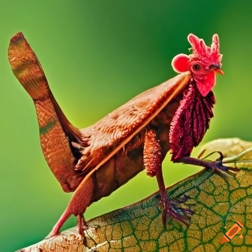 Spiny leaf insect combined with a Rhode Island Red chicken