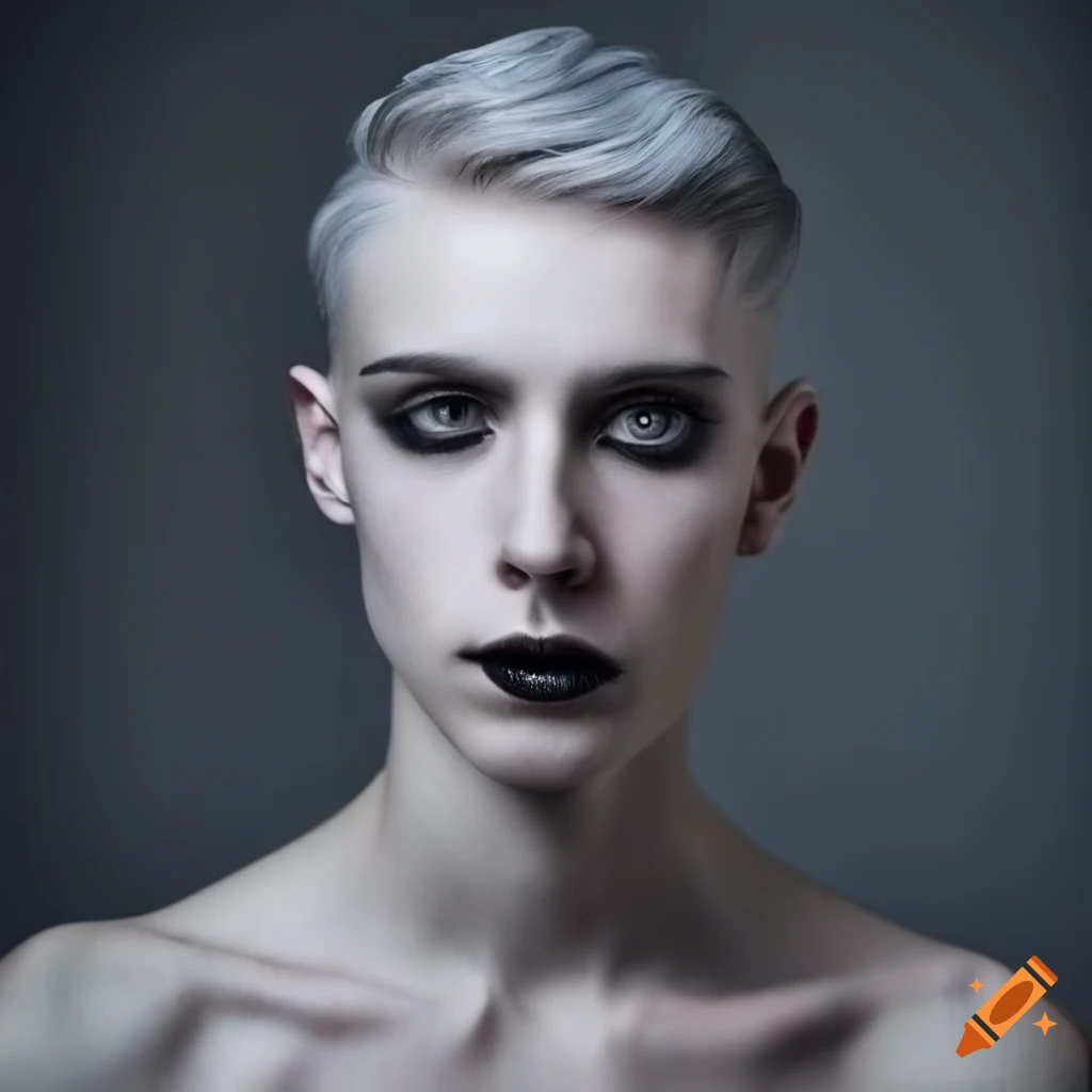 Portrait of a white man with deep green eyes and grey hair in Gothic style