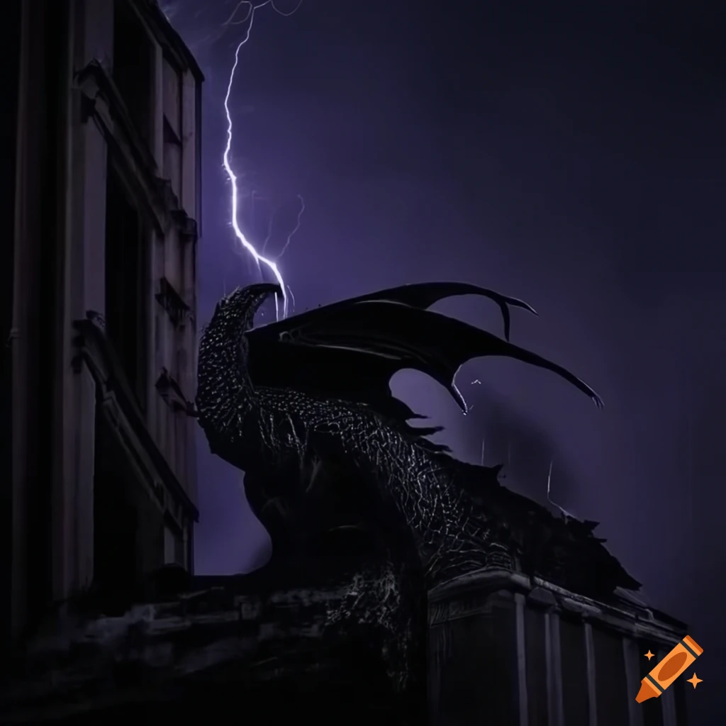 Dragon on ruined Hollywood Tower Hotel in a stormy night
