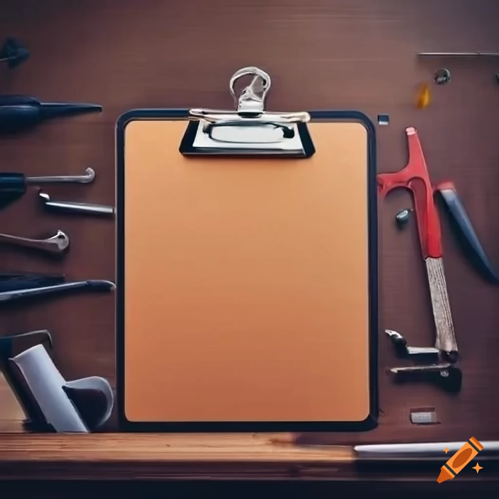 Clipboard on a workshop table surrounded by tools