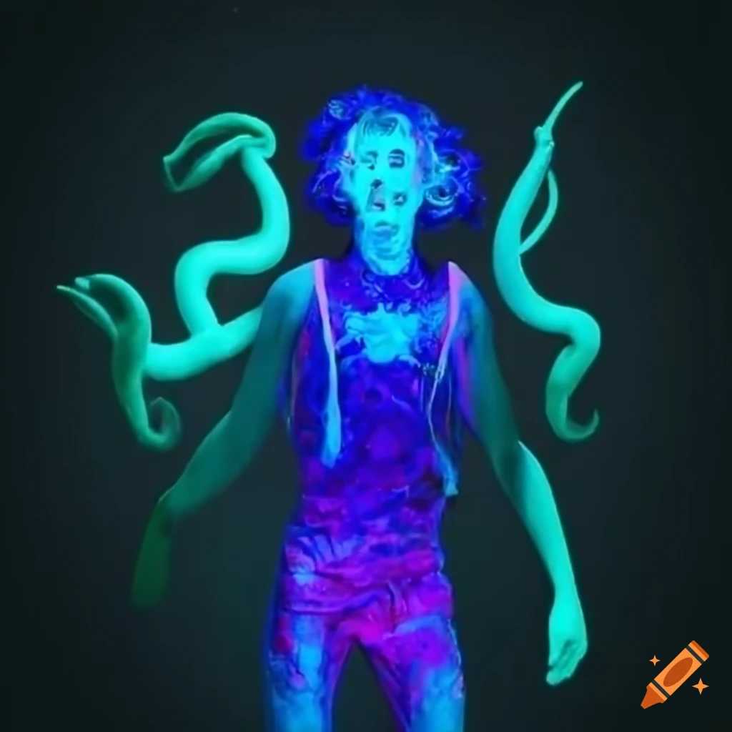 Glowing fluorescent man with squid tentacle arms playing drums