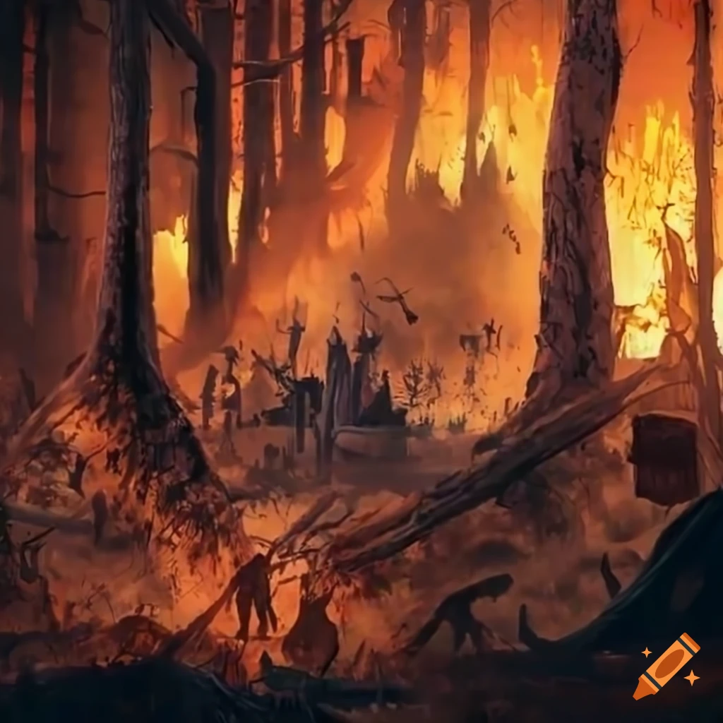 Battlefield engulfed in flames in a medieval forest setting