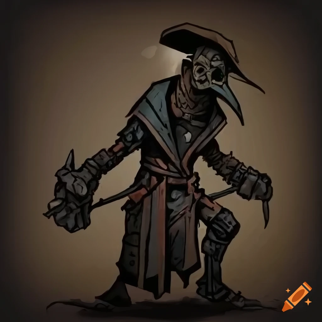 Plague doctor in Darkest Dungeon style with wide brim hat and realistic proportions