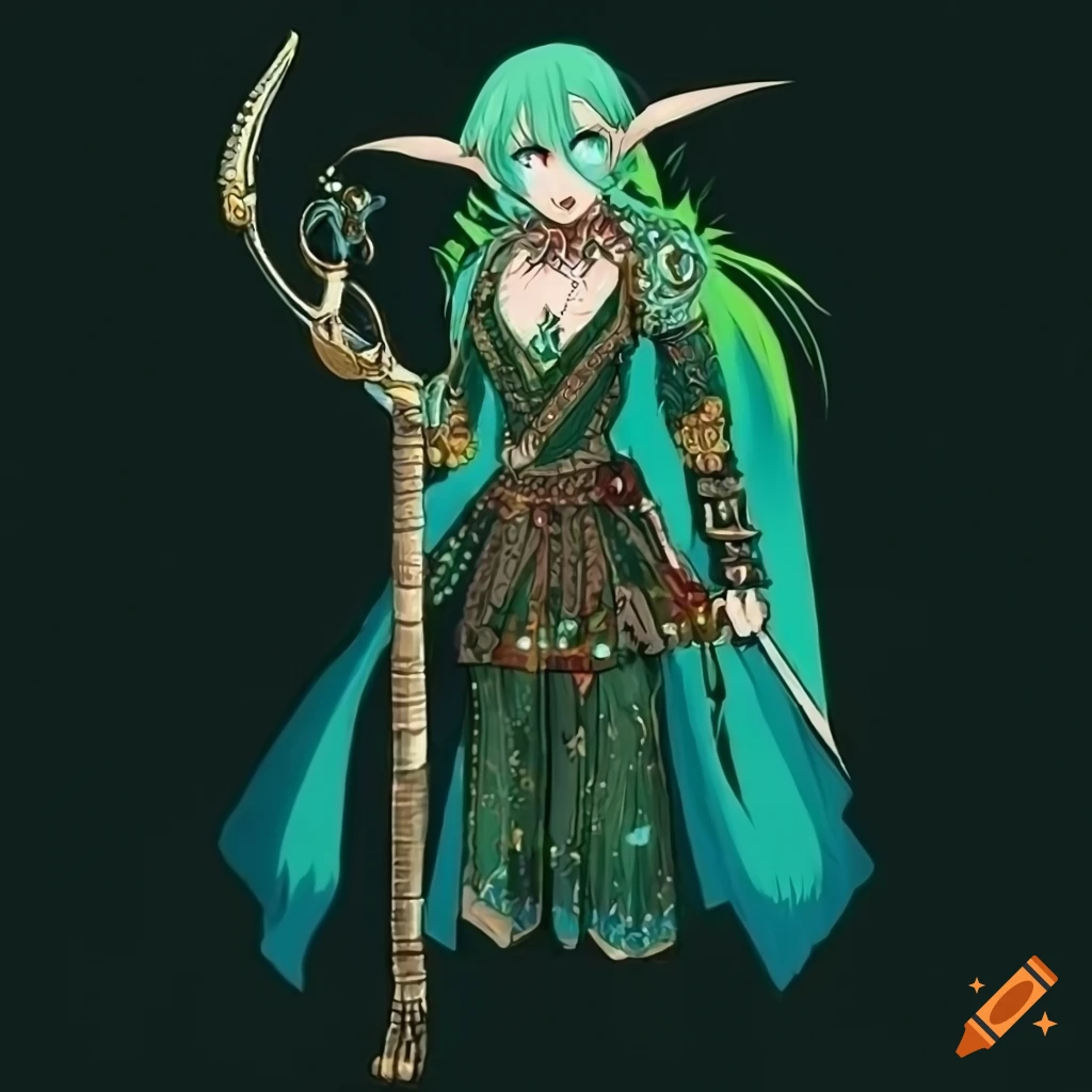 Night Elf hunter with vibrant green hair and traditional attire on Craiyon