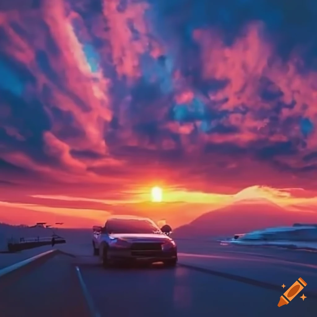Driving through downtown during sunset from the driver's seat