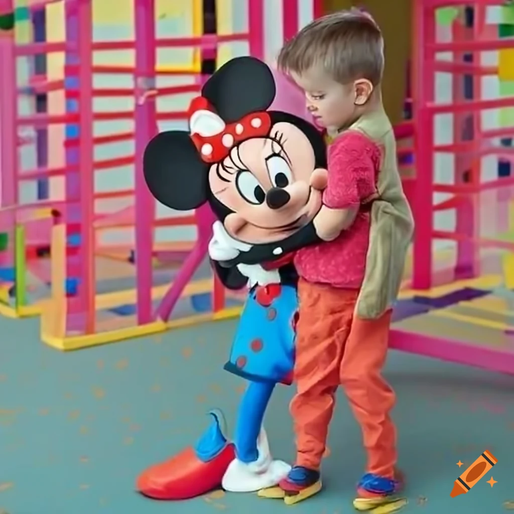 Minnie Mouse hugging a boy in a colorful daycare setting