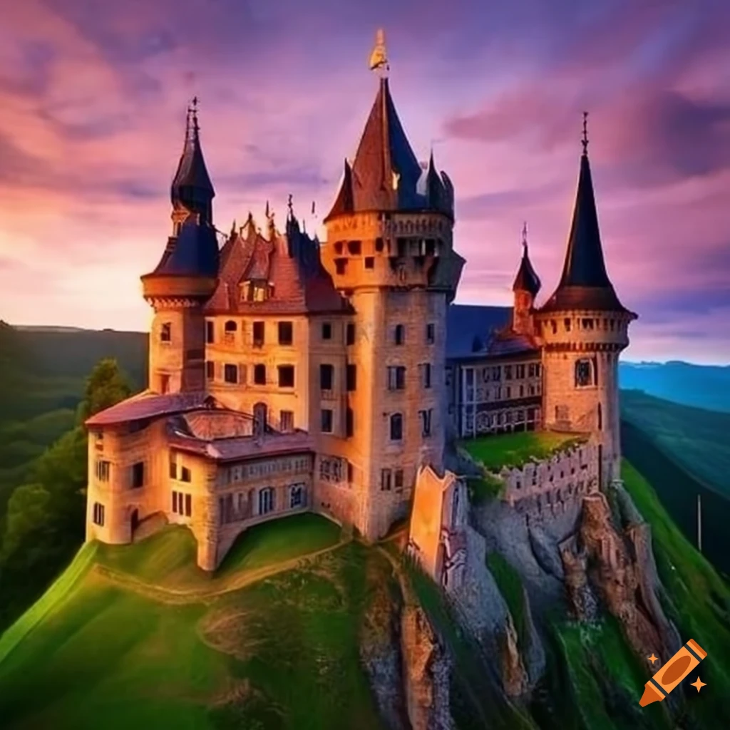 Stunning fairytale castle overlooking a green hillside on Craiyon