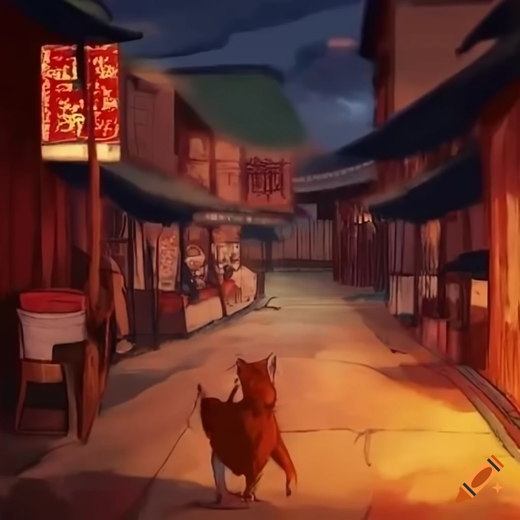 Street food stall on a mountain road with stray dogs and cats in blue and red hues