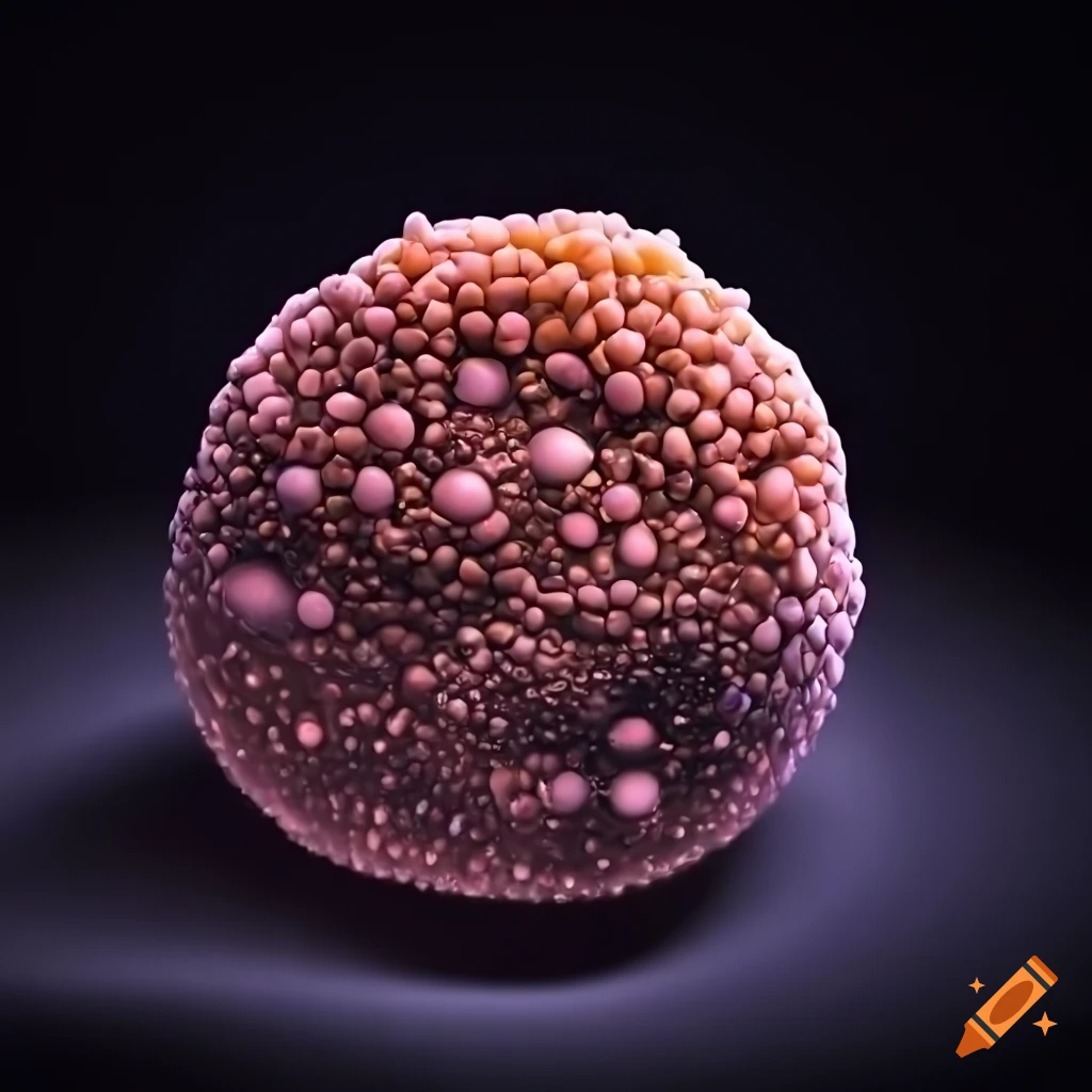 Round bumpy animal cell with small proteins on its surface against a black background