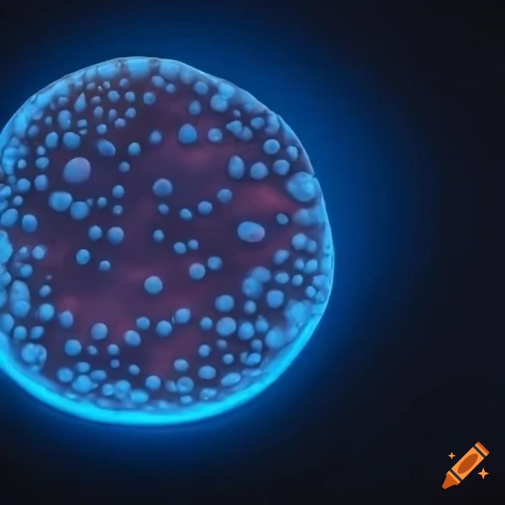 High definition round bumpy animal cell with proteins on surface on black background glowing blue