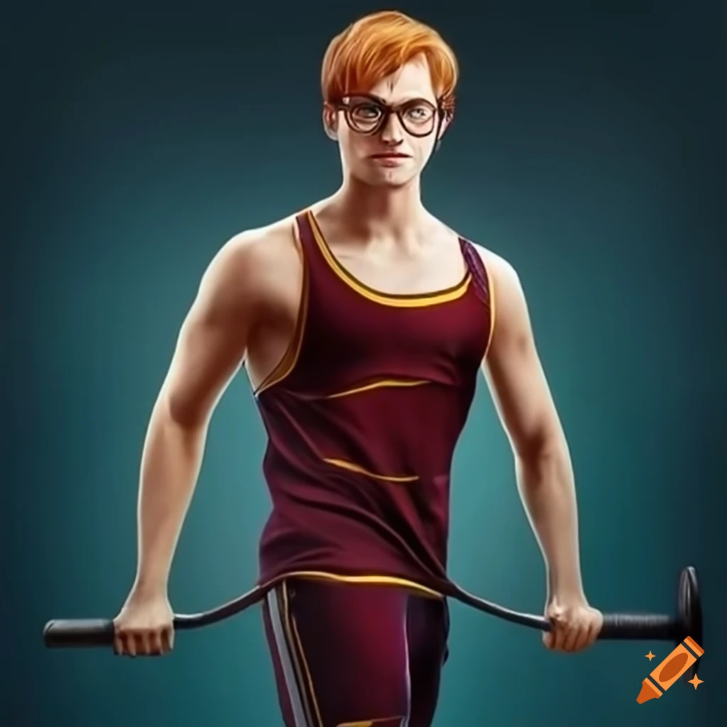 Harry Potter training and lifting weights in gym attire