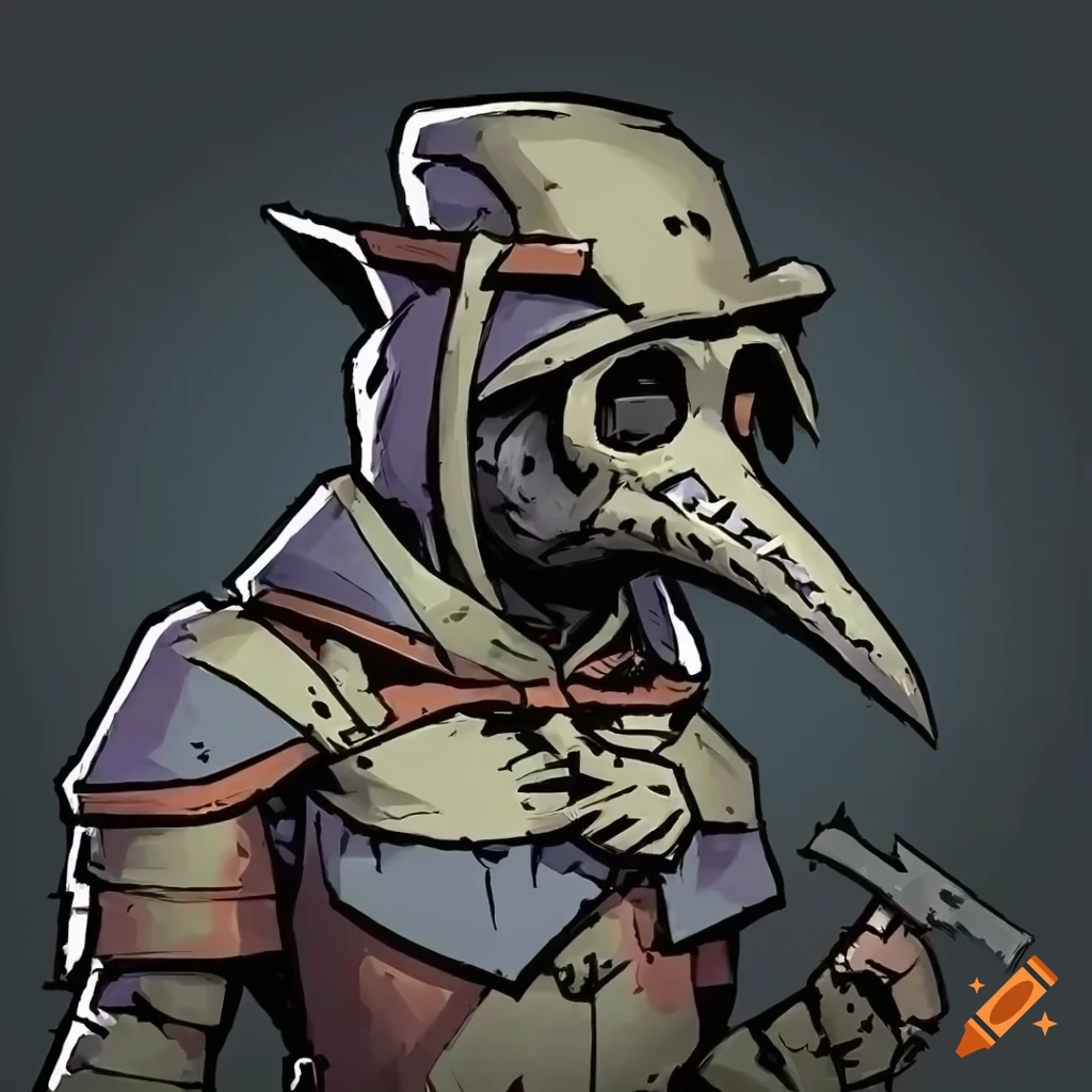 Plague doctor with long sword in dark dungeon style