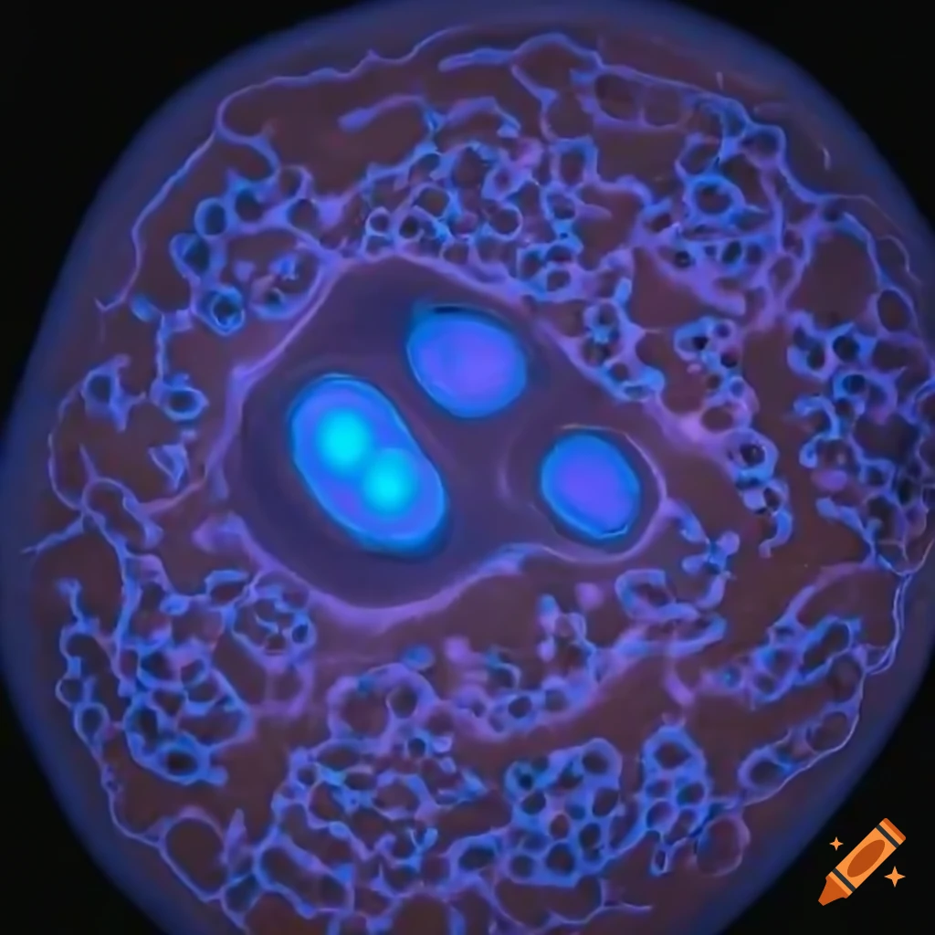Animal cell with proteins on bumpy surface against glowing blue background
