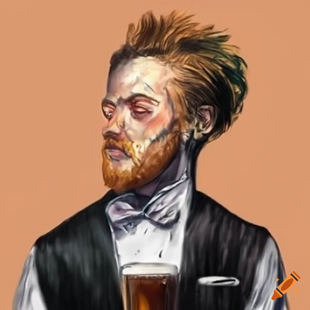 Portrait of a pub waiter holding a beer in vintage style