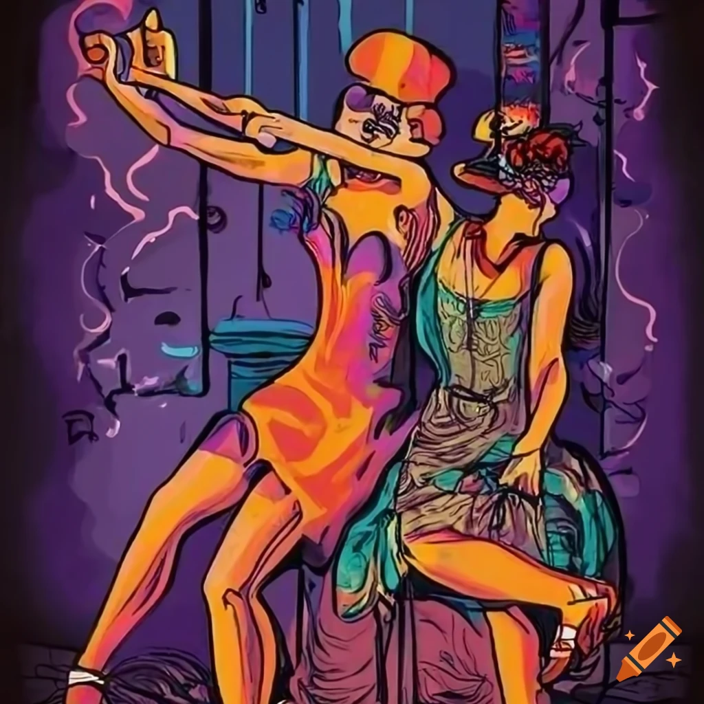 Vibrant speakeasy filled with 1920s revellers dancing to jazz music in tattoo art style