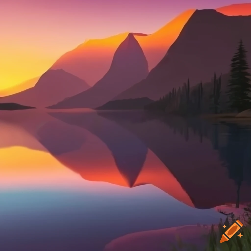 Mountain lake at sunset with sun's rays reflecting on the water on Craiyon