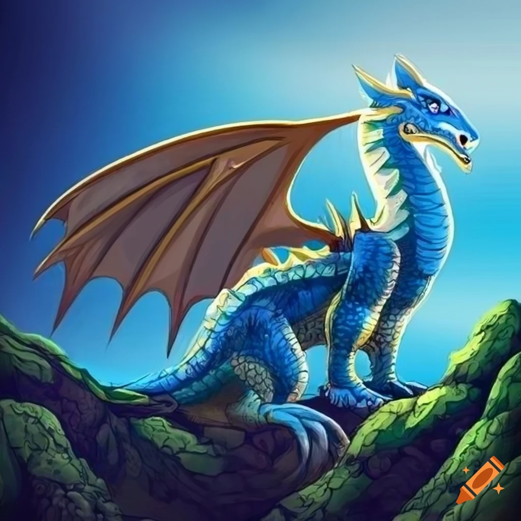 Detailed illustration of a blue dragon resting on a hill on Craiyon
