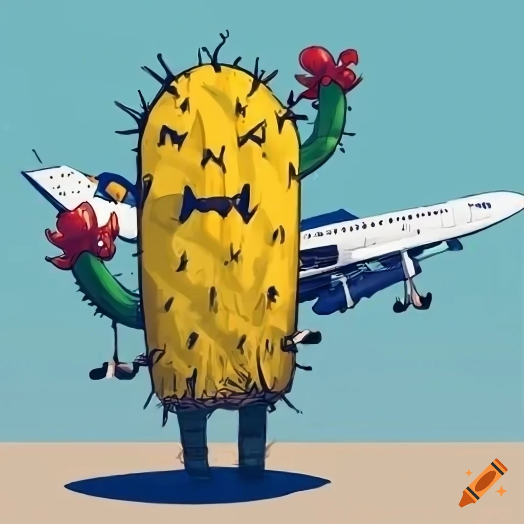 Comic-style angry cactus holding a Lufthansa aircraft
