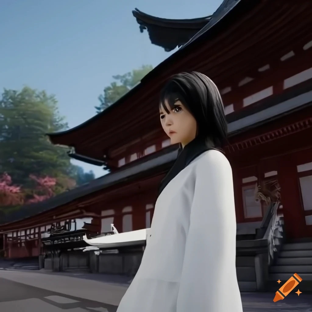 Sci-fi Japanese girl with katana in Shinto temple surrounded by sakura trees