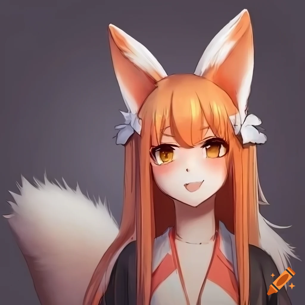 Kitsune girl with orange hair, fox tail, and kimono attire
