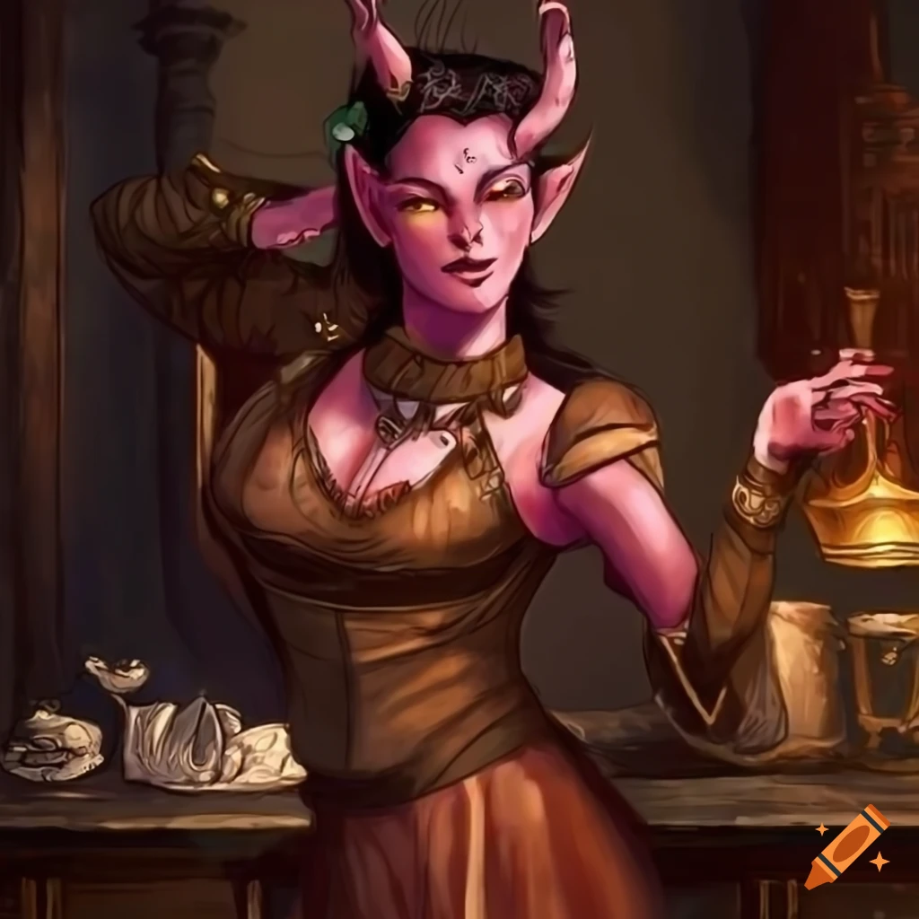 Enchanting female tiefling bard reciting stories in a dimly lit tavern