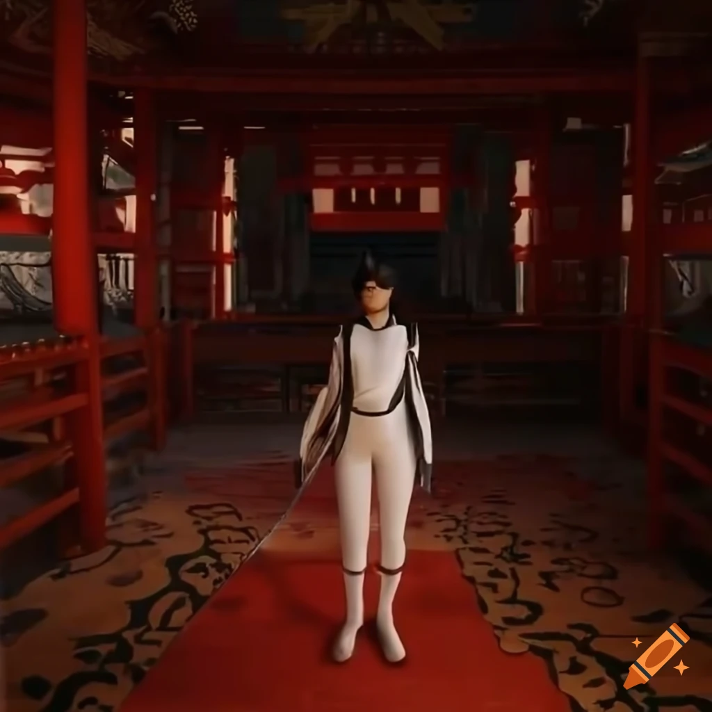 Sci-fi Japanese girl with katana in Shinto temple surrounded by sakura trees