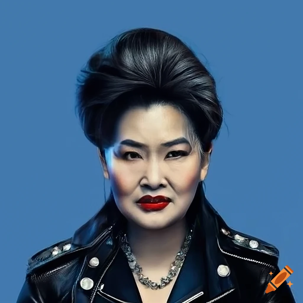 Glamorous older asian woman in black leather biker jacket with salt and