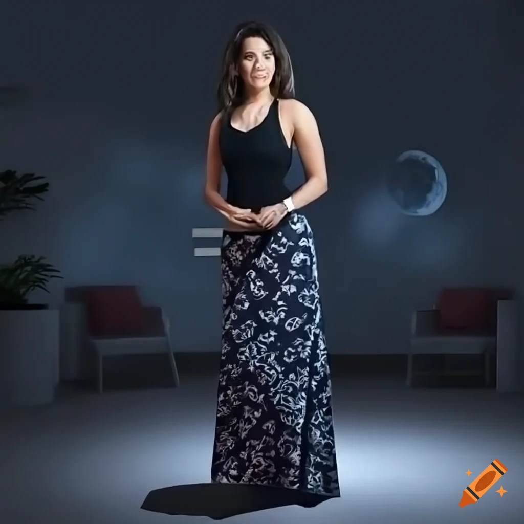 Woman in tank top and moon-print skirt standing in a room at home