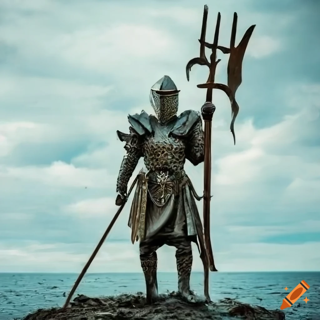Heroic knight with a trident standing triumphantly by the shoreline on  Craiyon