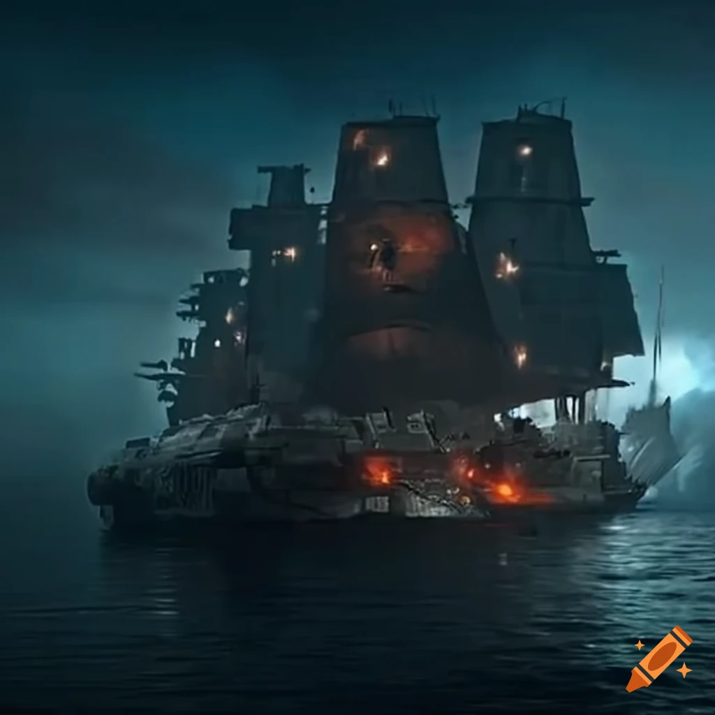 Fierce naval battle in an almost futuristic war with fire and gunshots